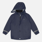 Navy Rainy Day Waterproof Jacket. Waterproof jacket with hood, zip, buttons and reflective strips on the arms